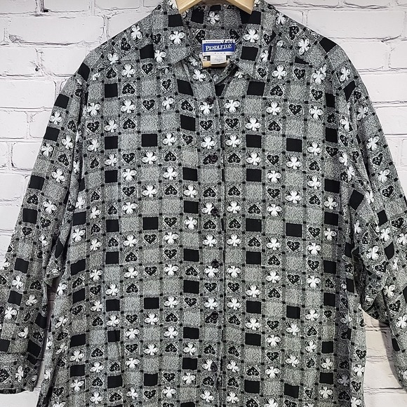 Pendleton Womens Plus Sz 1X Hearts and Clover Button Down Blouse Black White - Picture 2 of 9